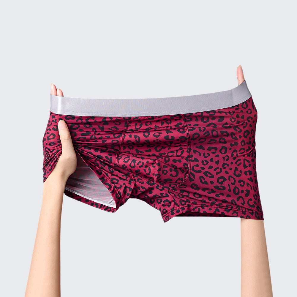 Men's Leopard Print Boxer Briefs Low Rise Mulberry Silk Crotch Pack of 4