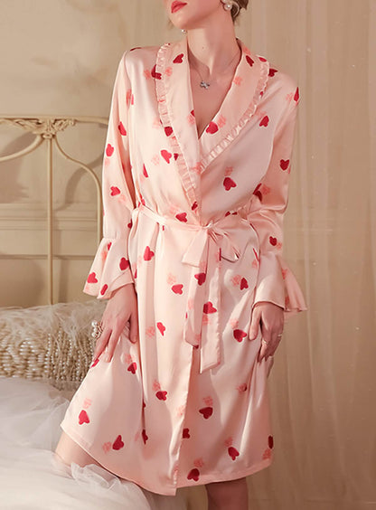 Sexy pink silk cute palace style high slit pajamas, nightgowns, bathrobes, morning robes
