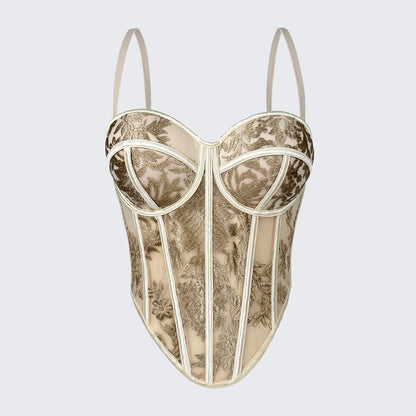 Embroidered Boned Corset Top Built-in Pad Sheer Bustier Camisole