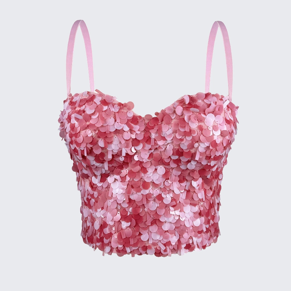 Sequin Corset Top Fishbone Bustier Spaghetti Strap Party Crop Top