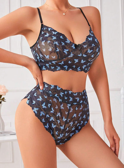 Sexy blue lace embroidery embroidered bikini lingerie see-through cut-out erotic outfit seduction bra panties set