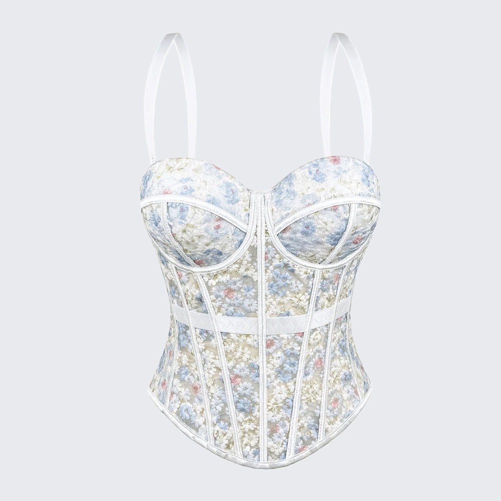 Floral Mesh Corset Top Underwire Bustier Sheer Crop Top Spaghetti Strap