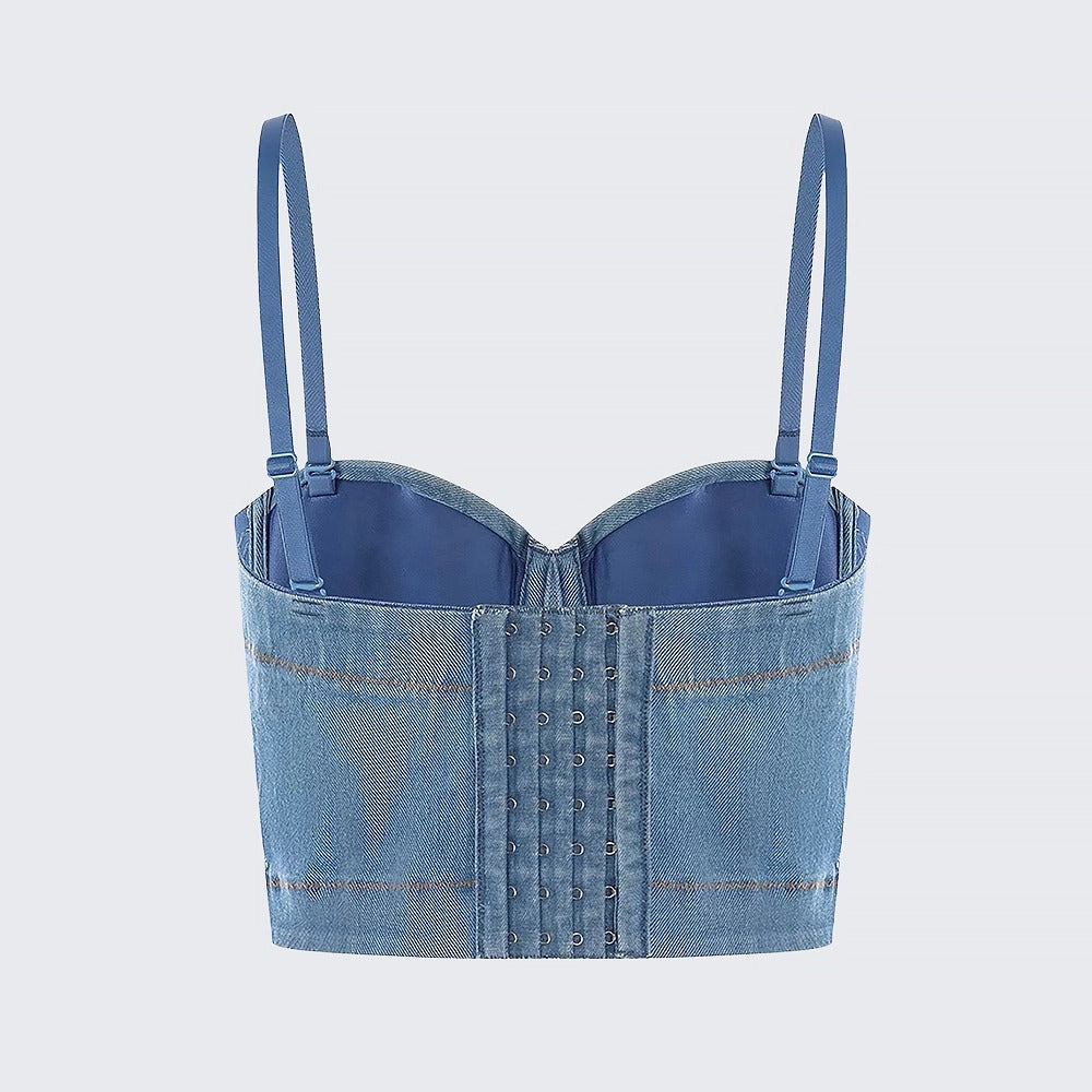 Women's Denim Corset Bustier Crop Top with Straps