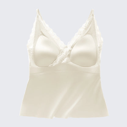 Luxury Mulberry Silk Backless Bra Lace V Neck Cami Padded
