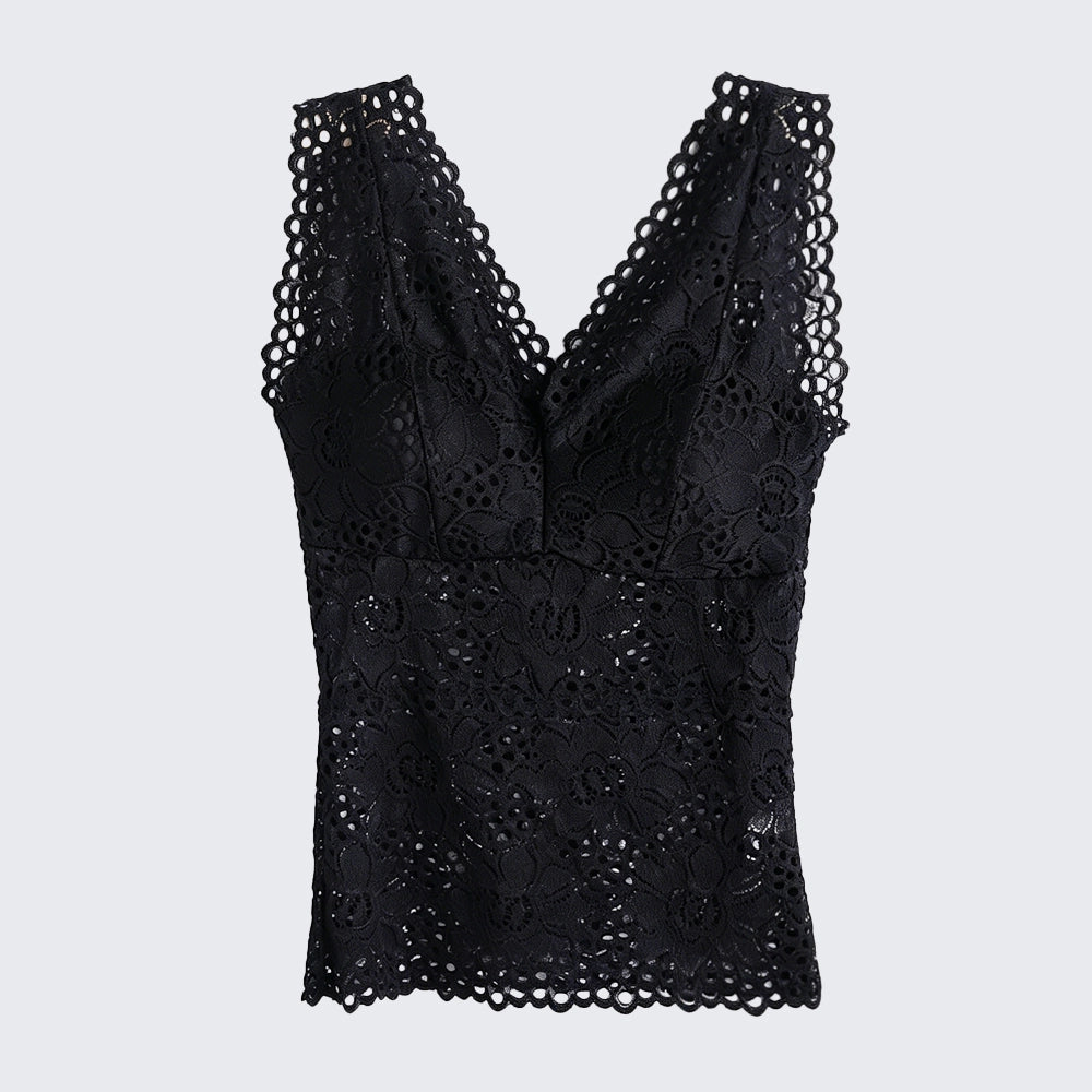 Plus Size Mid Length Lace Camisole Padded Hollow Out Backless