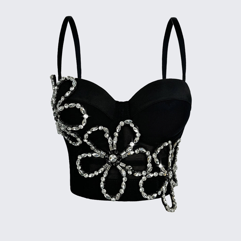 Rhinestone Floral Mesh Corset Top Padded Bustier Semi-Sheer Crop Top