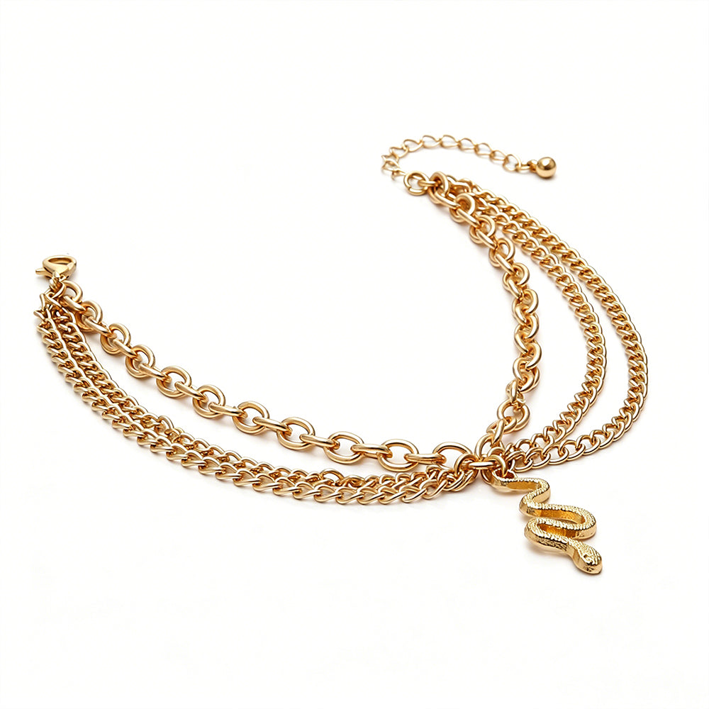 [2+ Items, 300 EGP Each] Women's Fashion Multi-Layer Metal Tassel Snake Pendant Anklet