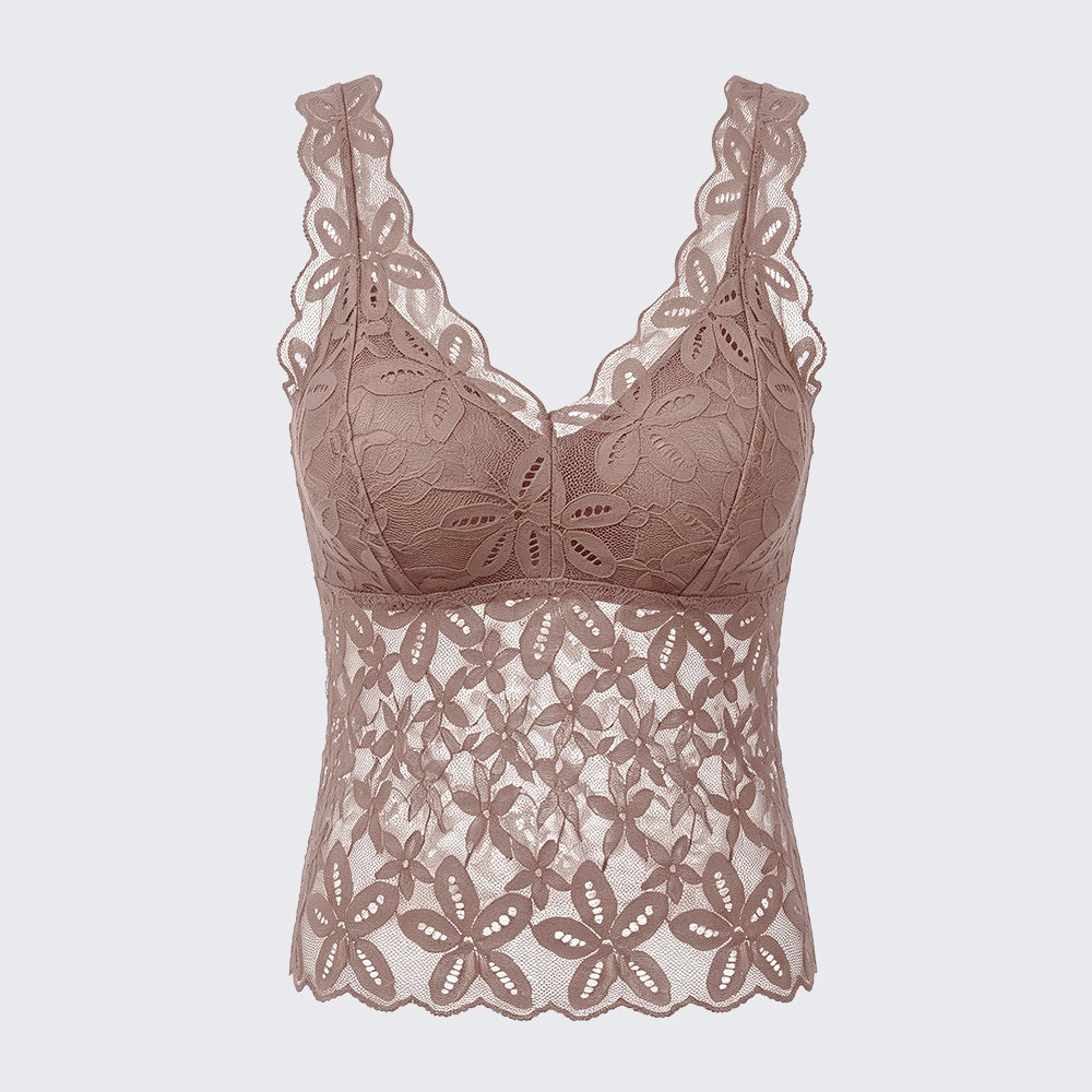 Floral Sheer Lace V Neck Camisole Built-in Bra Padded Top