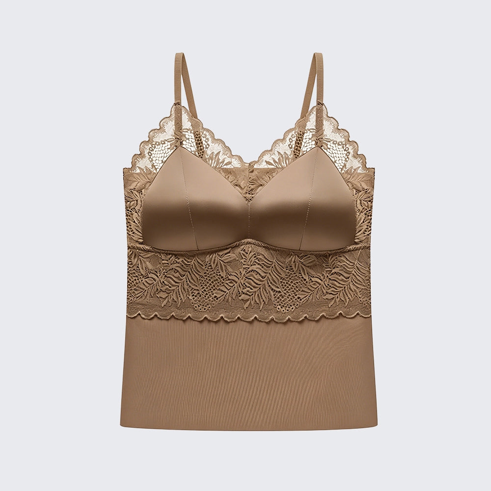 Seamless Satin Lace Camisole with Built-in Bra Plus Size Padded Top