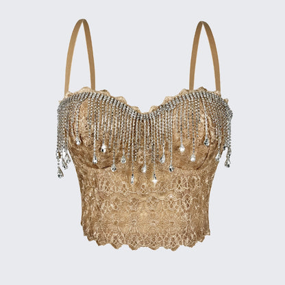 Rhinestone Fringe Corset Top Fishbone Bustier Spaghetti Strap Crop Top