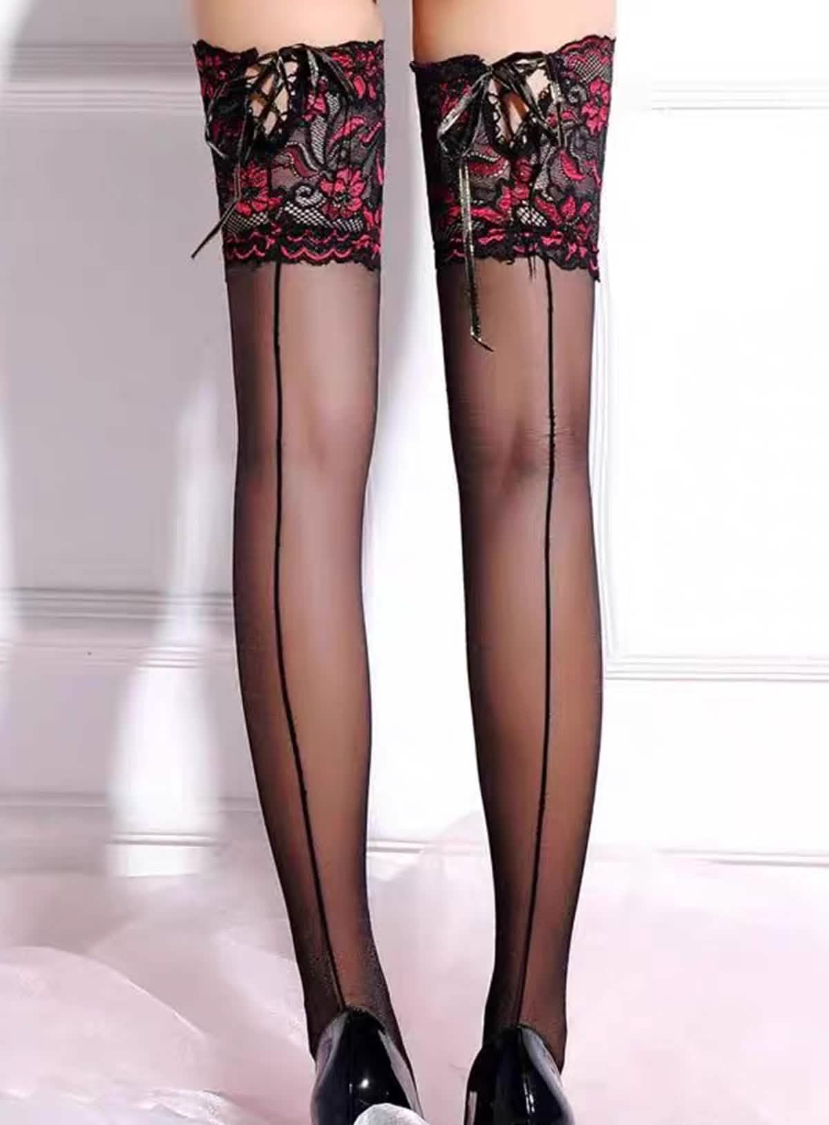 Sexy black lace embroidery suspender stockings sex matching stockings red rose lace