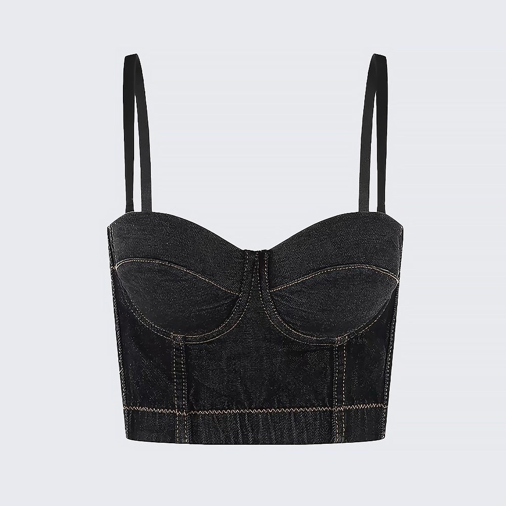 Women's Denim Corset Bustier Crop Top with Straps