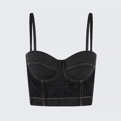 Women's Denim Corset Bustier Crop Top with Straps