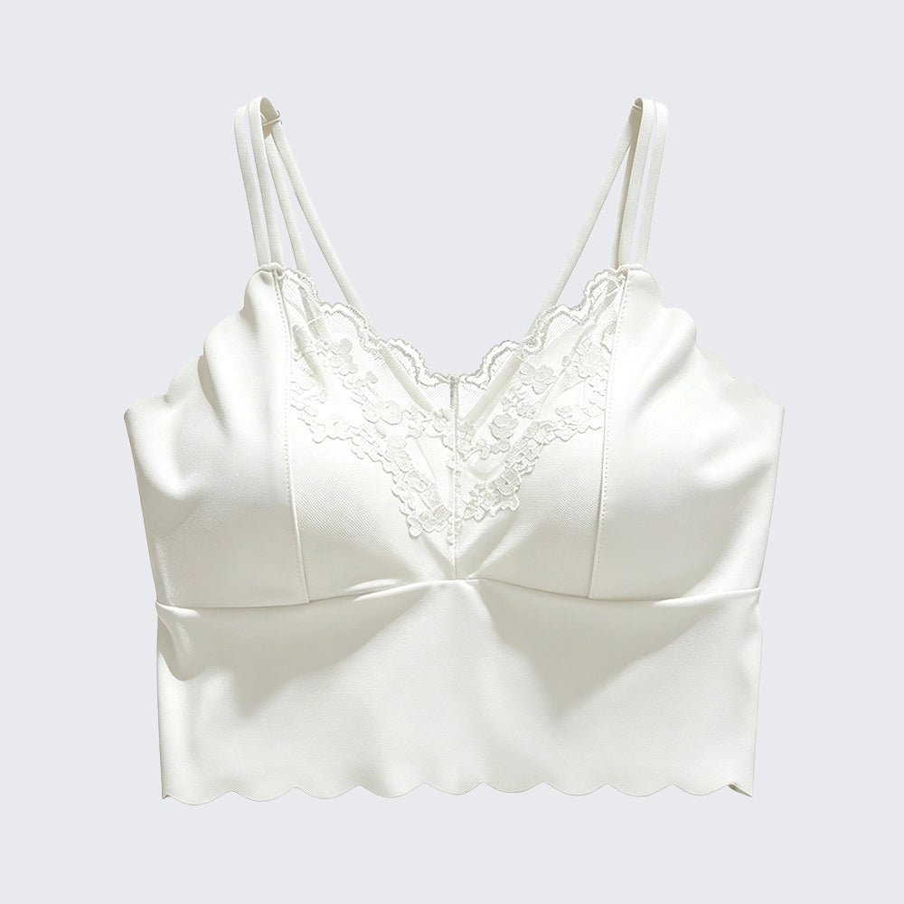 Satin-Feel Lace Trim Scalloped Camisole Built-in Bra Padded Top