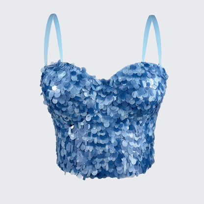 Sequin Corset Top Fishbone Bustier Spaghetti Strap Party Crop Top