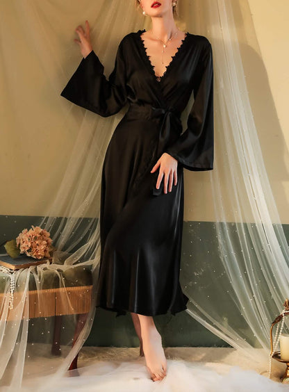 Sexy silk lace embroidery bridal backless belt belt low cut lingerie see-through cut-out seduction pajamas nightdress bathrobe