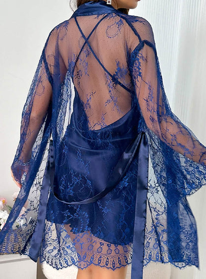 Sexy lace embroidered nightwear, sheer hollow robe, lingerie set, silk cami nightgown.