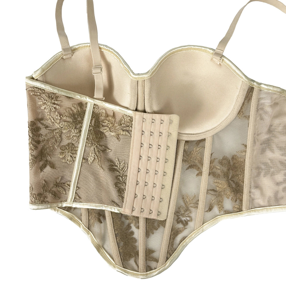 Embroidered Boned Corset Top Built-in Pad Sheer Bustier Camisole
