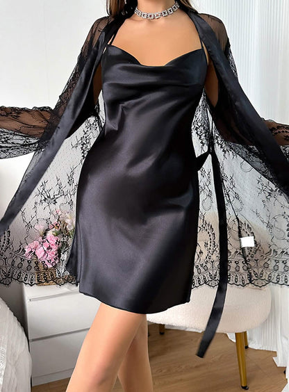 Sexy lace embroidered nightwear, sheer hollow robe, lingerie set, silk cami nightgown.