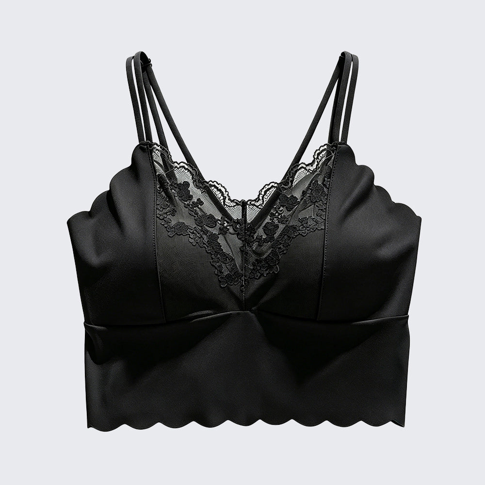 Satin-Feel Lace Trim Scalloped Camisole Built-in Bra Padded Top
