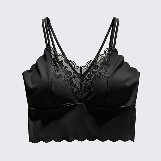 Satin-Feel Lace Trim Scalloped Camisole Built-in Bra Padded Top