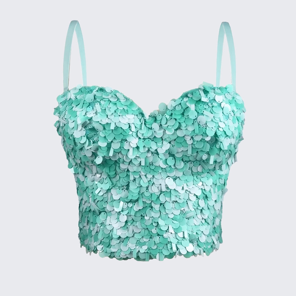 Sequin Corset Top Fishbone Bustier Spaghetti Strap Party Crop Top