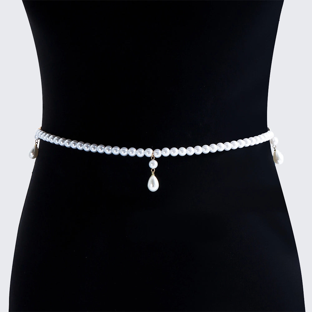 [2+ Items, 300 EGP Each] Women's Casual Faux Pearl Drop Waist Chain Simple Versatile Belt