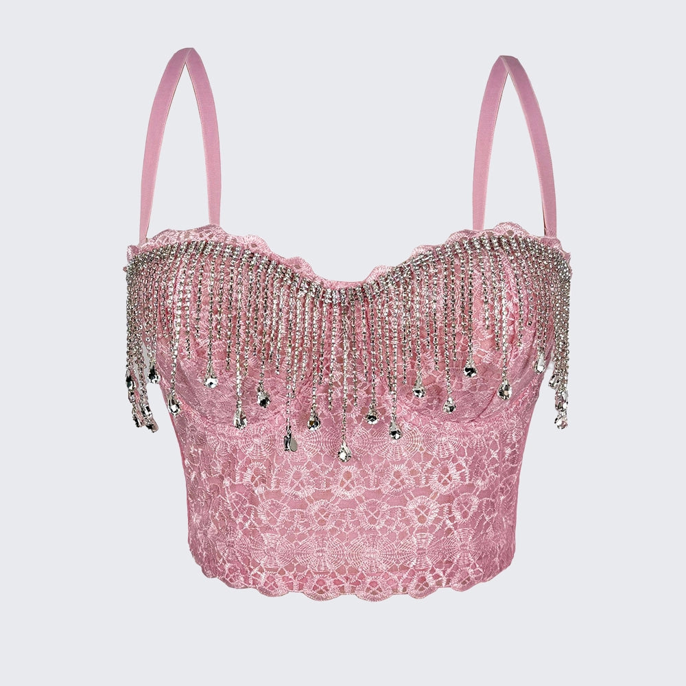 Rhinestone Fringe Corset Top Fishbone Bustier Spaghetti Strap Crop Top