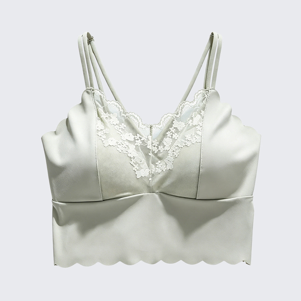 Satin-Feel Lace Trim Scalloped Camisole Built-in Bra Padded Top