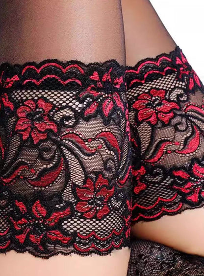 Sexy black lace embroidery suspender stockings sex matching stockings red rose lace