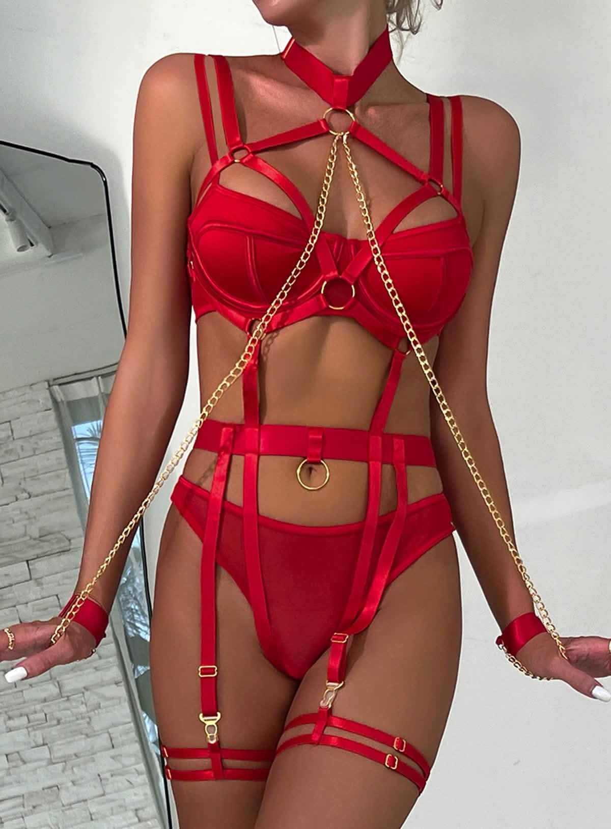 Sexy lace metal chain bikini underwear