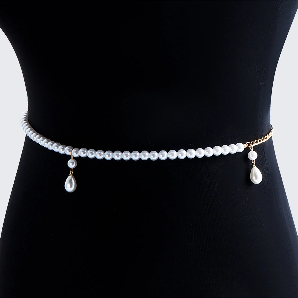 [2+ Items, 300 EGP Each] Women's Casual Faux Pearl Drop Waist Chain Simple Versatile Belt