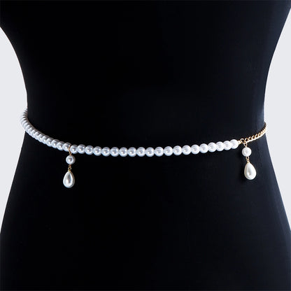 [2+ Items, 300 EGP Each] Women's Casual Faux Pearl Drop Waist Chain Simple Versatile Belt