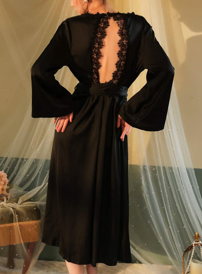 Sexy silk lace embroidery bridal backless belt belt low cut lingerie see-through cut-out seduction pajamas nightdress bathrobe