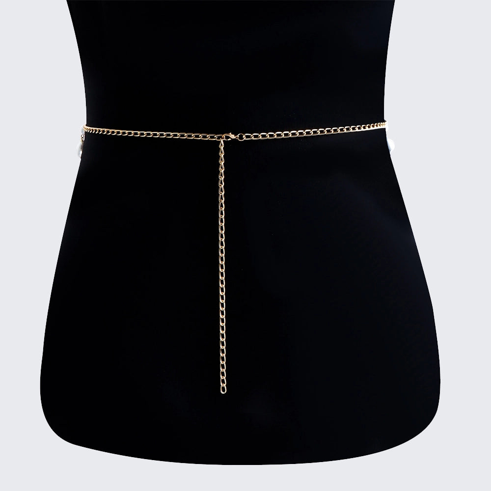 [2+ Items, 300 EGP Each] Women's Casual Faux Pearl Drop Waist Chain Simple Versatile Belt