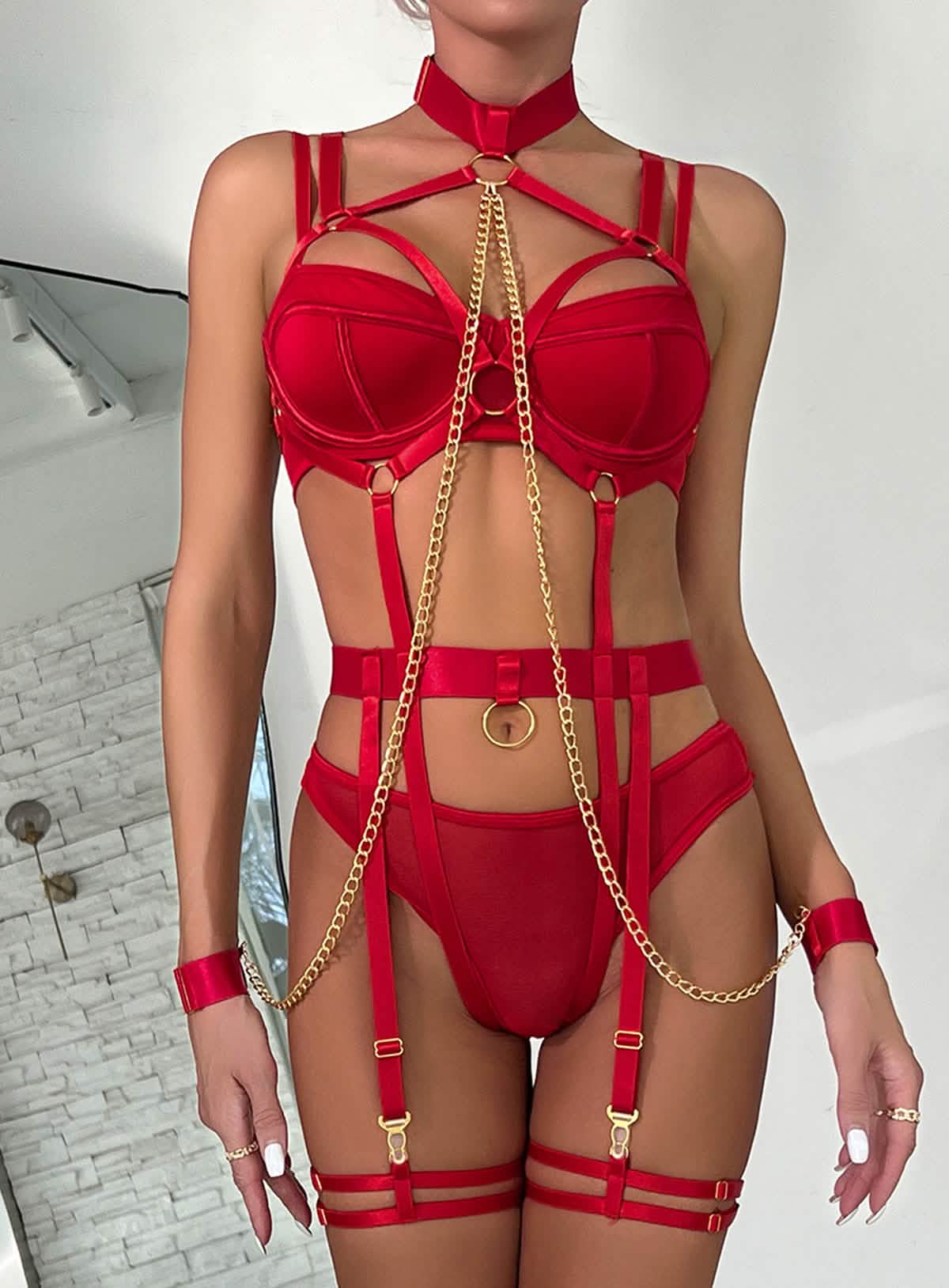 Sexy lace metal chain bikini underwear