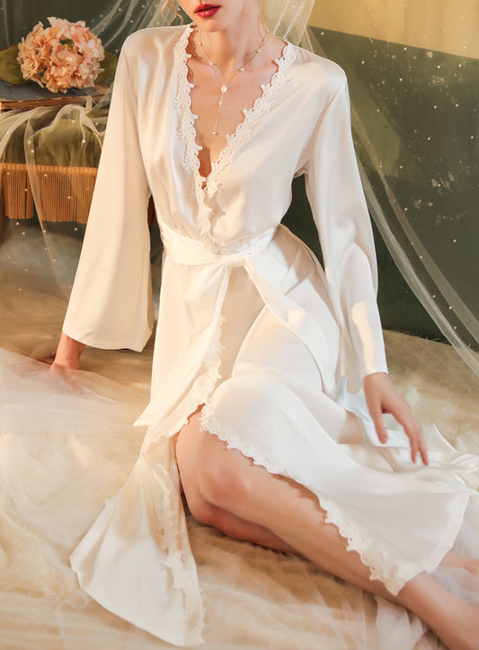 Sexy silk lace embroidery bridal backless belt belt low cut lingerie see-through cut-out seduction pajamas nightdress bathrobe