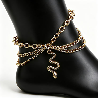 [2+ Items, 300 EGP Each] Women's Fashion Multi-Layer Metal Tassel Snake Pendant Anklet