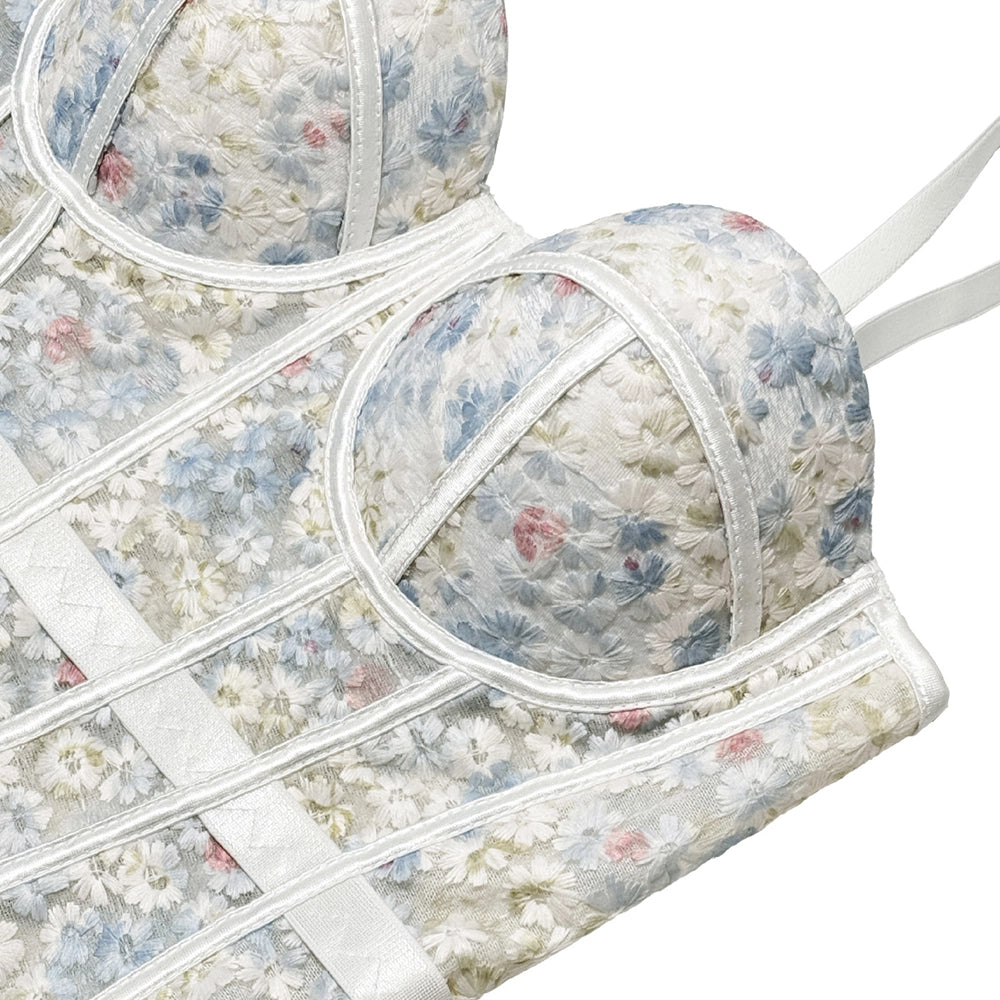 Floral Mesh Corset Top Underwire Bustier Sheer Crop Top Spaghetti Strap
