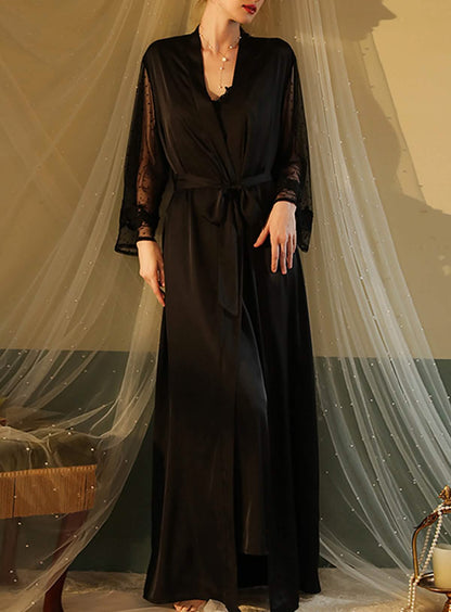 Sexy silk, court lace, embroidery, underwear, see-through, cut-out, open back, high slit sundress, pajamas, pajamas, nightgown, bathrobe, belt set