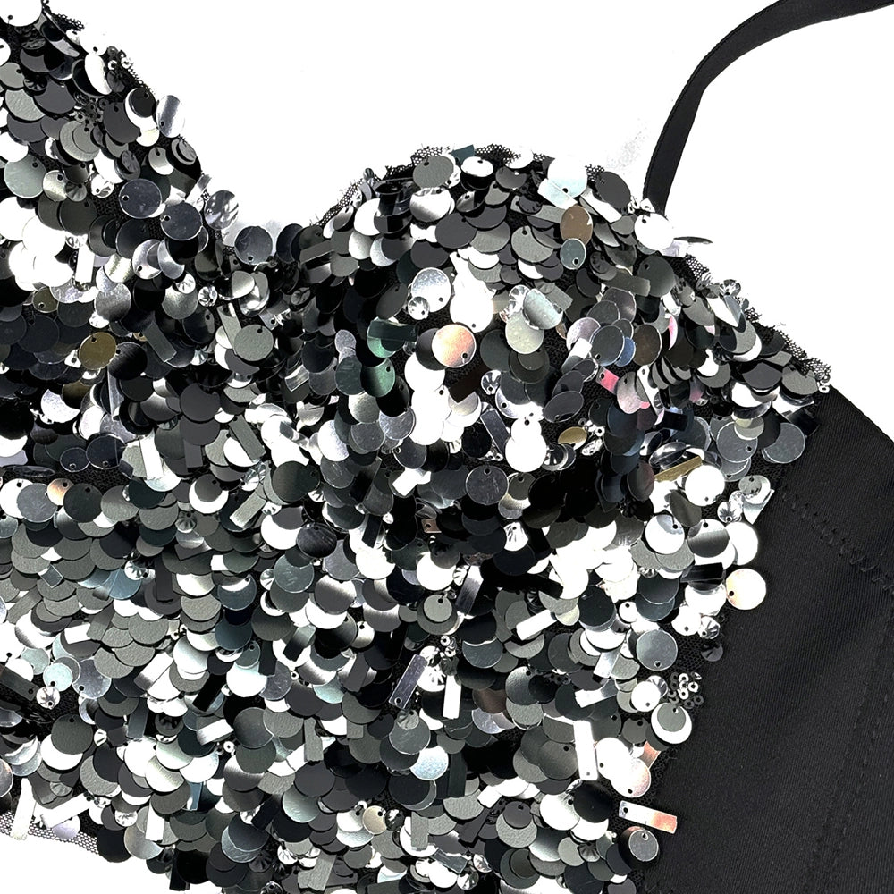 Sequin Corset Top Fishbone Bustier Spaghetti Strap Party Crop Top