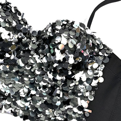 Sequin Corset Top Fishbone Bustier Spaghetti Strap Party Crop Top