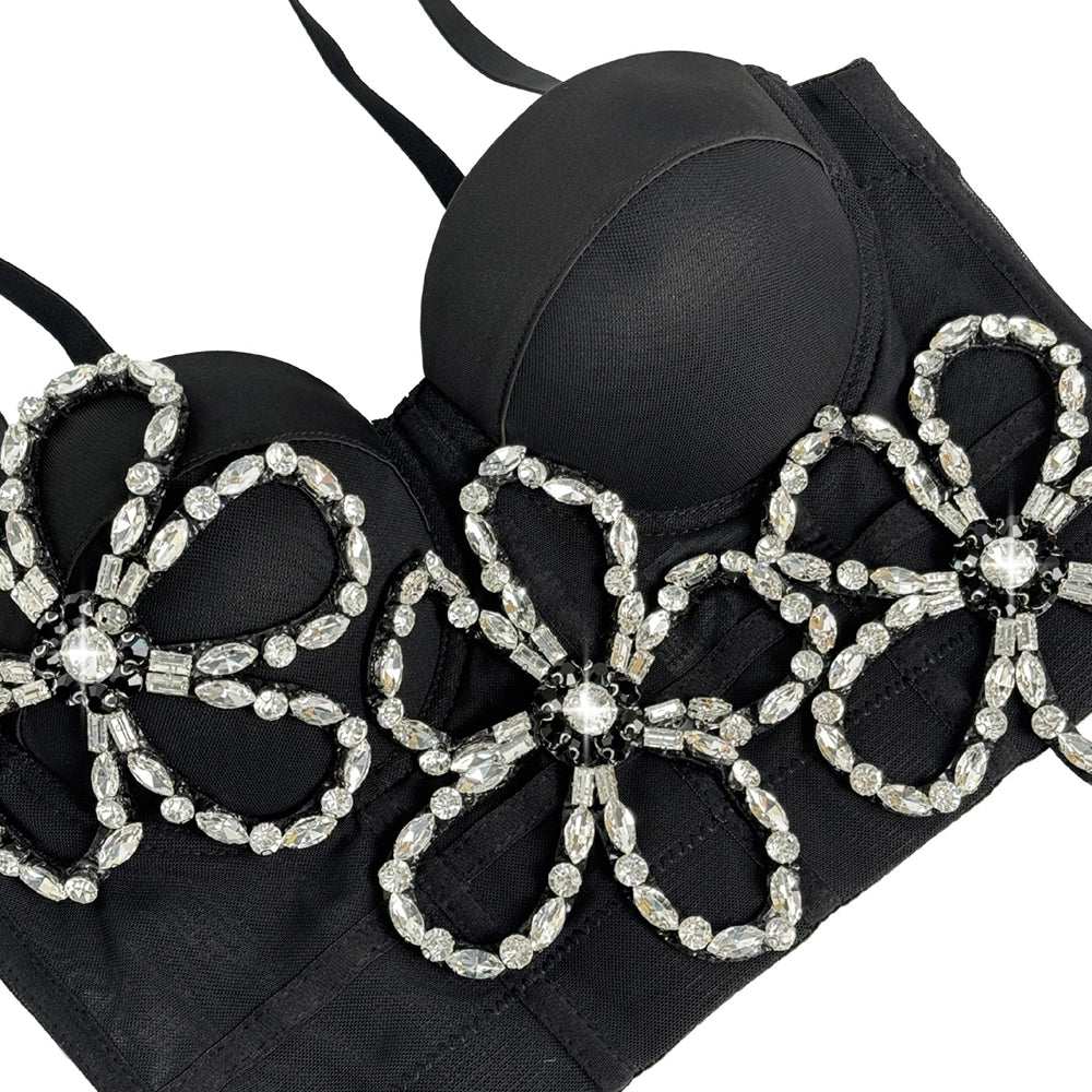 Rhinestone Floral Mesh Corset Top Padded Bustier Semi-Sheer Crop Top