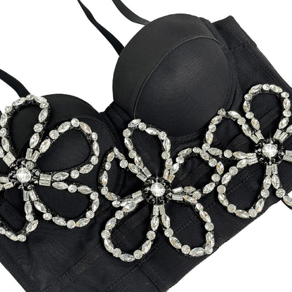Rhinestone Floral Mesh Corset Top Padded Bustier Semi-Sheer Crop Top
