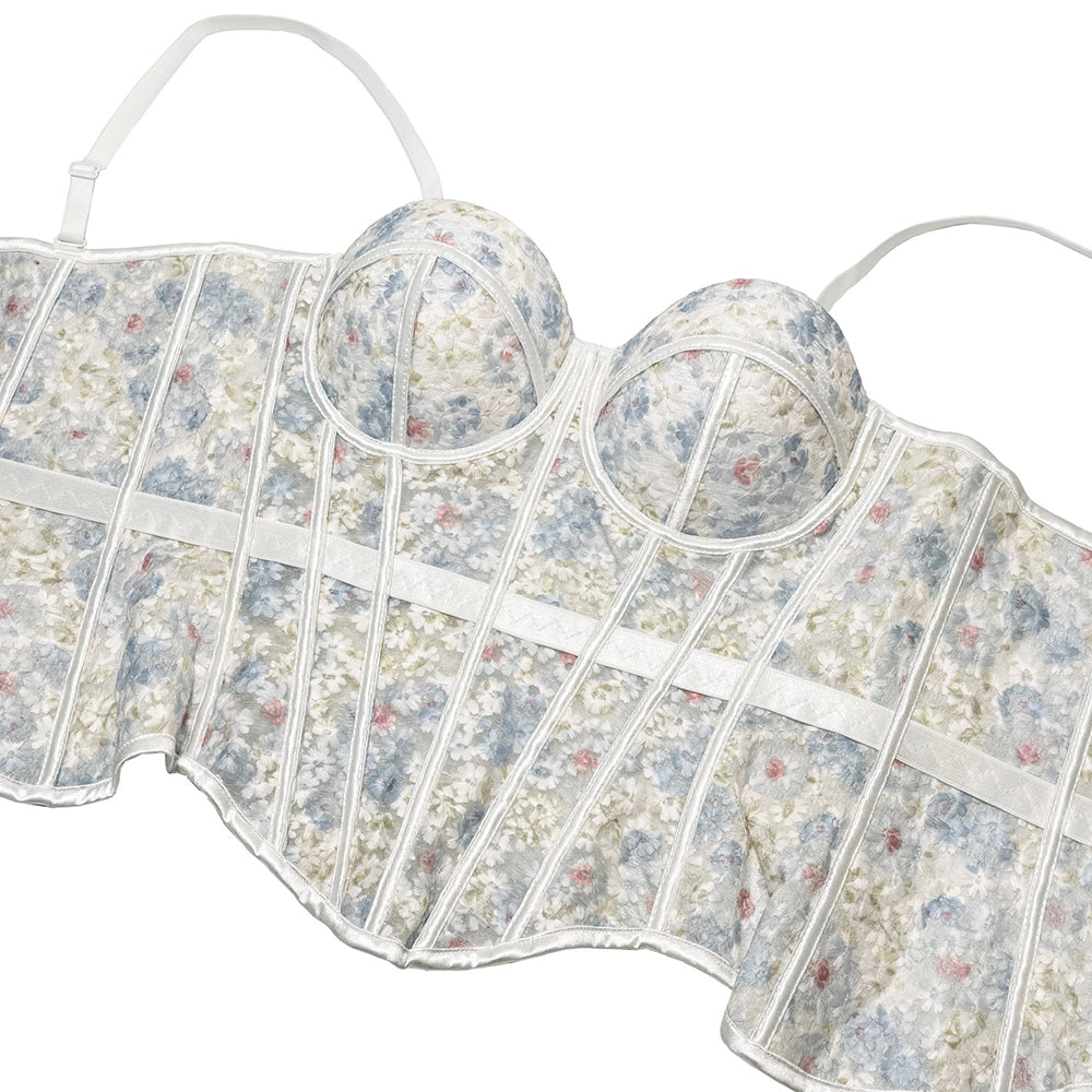 Floral Mesh Corset Top Underwire Bustier Sheer Crop Top Spaghetti Strap