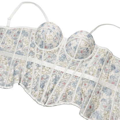 Floral Mesh Corset Top Underwire Bustier Sheer Crop Top Spaghetti Strap