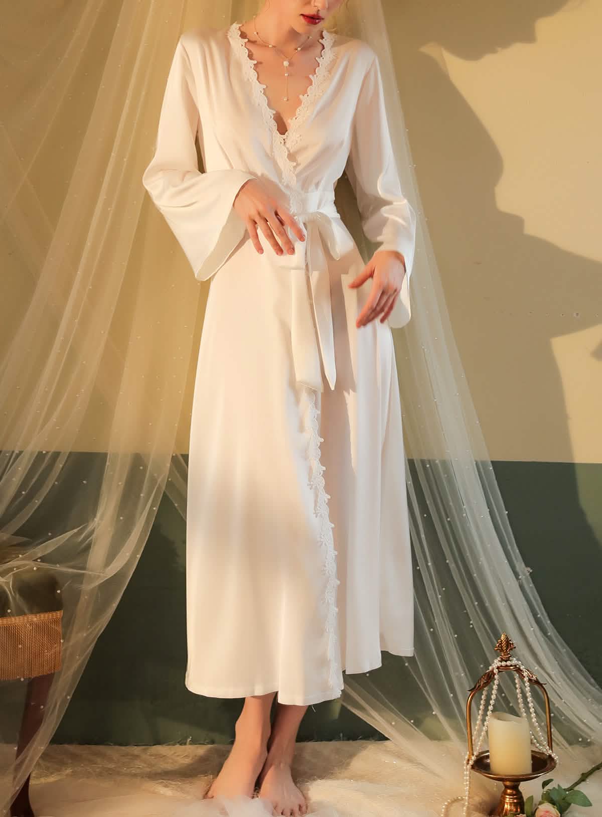 Sexy silk lace embroidery bridal backless belt belt low cut lingerie see-through cut-out seduction pajamas nightdress bathrobe