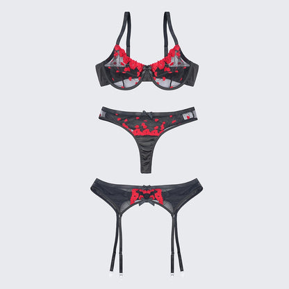 Sexy Heart Print Lace Cutout Three-Piece Lingerie Set