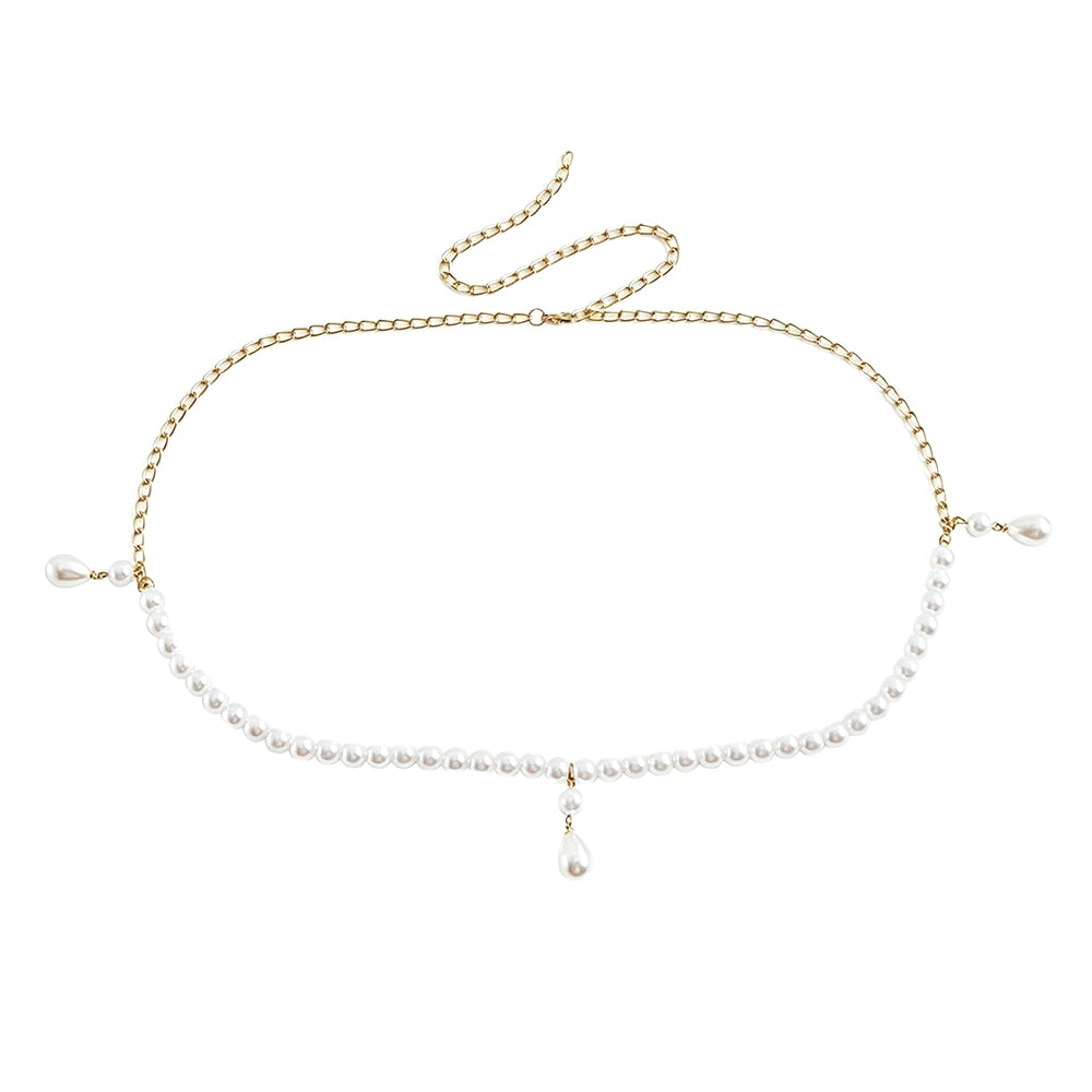 [2+ Items, 300 EGP Each] Women's Casual Faux Pearl Drop Waist Chain Simple Versatile Belt