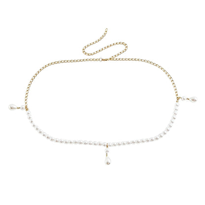 [2+ Items, 300 EGP Each] Women's Casual Faux Pearl Drop Waist Chain Simple Versatile Belt